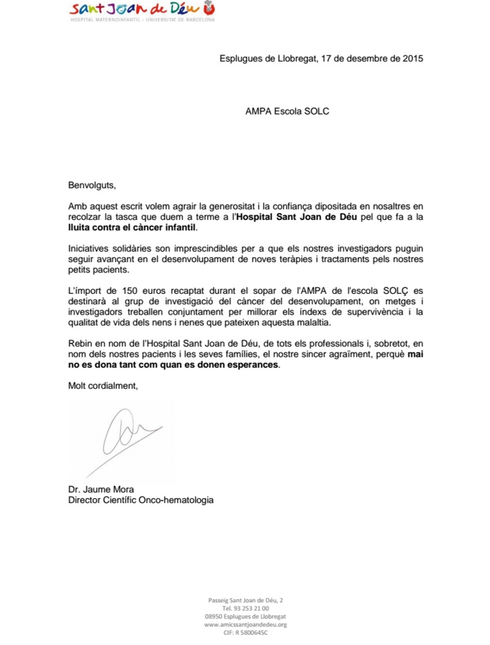 carta agraïment stjoandedeu